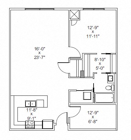 One bedroom, one bathroom apartment layout at The Conservatory in Kelowna, BC