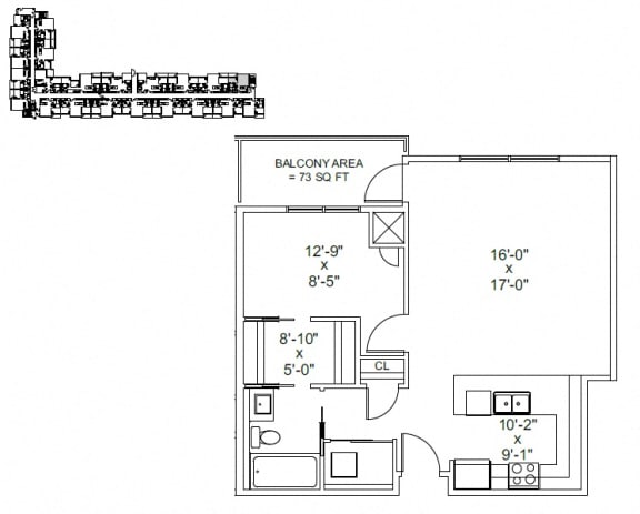 One bedroom, one bathroom apartment layout at The Conservatory in Kelowna, BC
