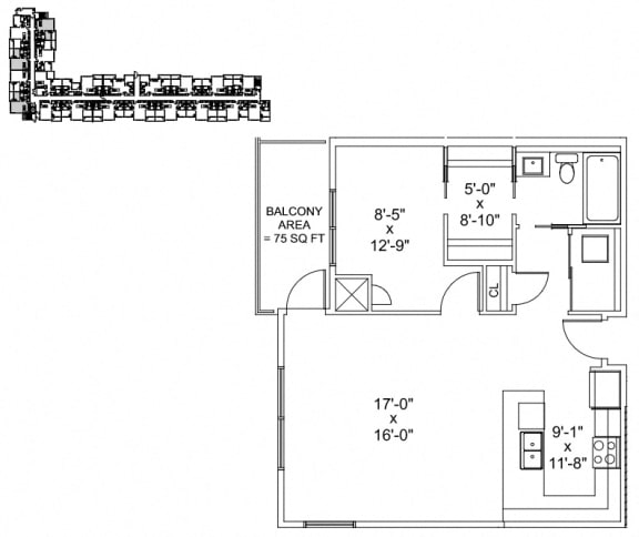 One bedroom, one bathroom apartment layout at The Conservatory in Kelowna, BC