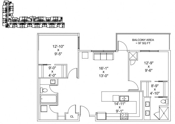 Two bedroom, two bathroom apartment layout at The Conservatory in Kelowna, BC