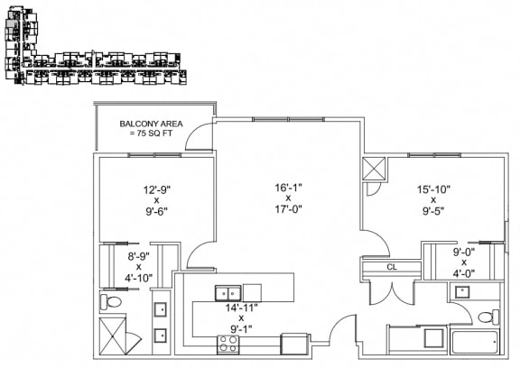 Two bedroom, two bathroom apartment layout at The Conservatory in Kelowna, BC