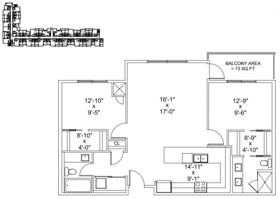 Two bedroom, two bathroom apartment layout at The Conservatory in Kelowna, BC