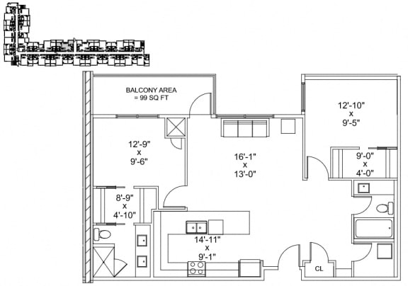 Two bedroom, two bathroom apartment layout at The Conservatory in Kelowna, BC