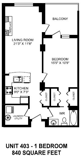 One bedroom, one bathroom apartment layout at The Conservatory in Kelowna, BC