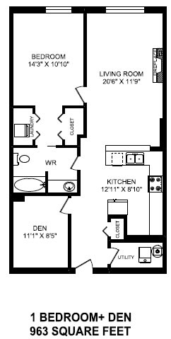 One bedroom, one bathroom apartment layout at The Conservatory in Kelowna, BC
