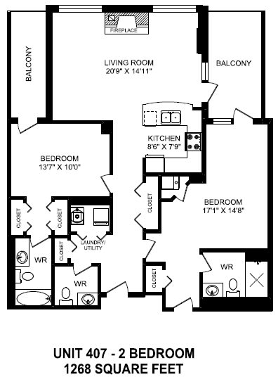 Two bedroom, two bathroom apartment layout at The Conservatory in Kelowna, BC