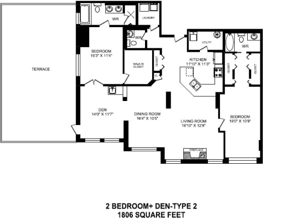 Two bedroom plus den, two bathroom apartment layout at The Conservatory in Kelowna, BC