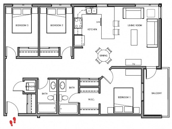 Three bedroom, two bathroom apartment layout at Giroux Estates in St. Albert, AB