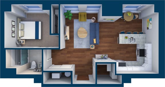 3D floor plan of two bed two bath apartment at Residences at Leader Apartments, Cleveland