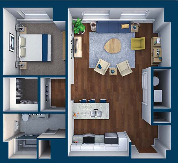 3D floor plan of one bedroom with living area at Residences at Leader Apartments, Cleveland, Ohio