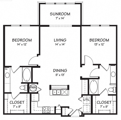 Two B with Sunroom Floor Plan| 1,213 sq.ft. | The Reserve on Cave Creek