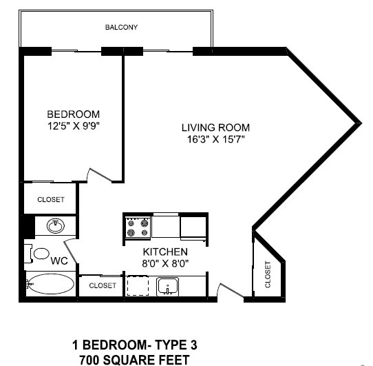 One bedroom, one bathroom apartment layout at St. Lawrence Village in St. Catharines, ON