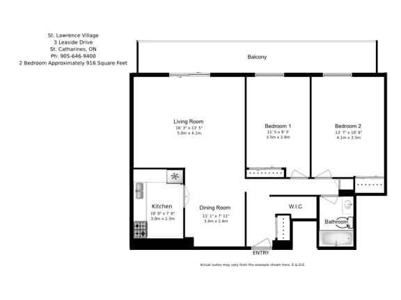 Two bedroom, one bathroom apartment layout at St. Lawrence Village in St. Catharines, ON
