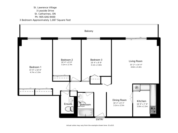 Three bedroom, one bathroom apartment layout at St. Lawrence Village in St. Catharines, ON