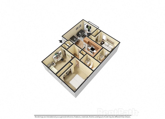 3 Bedroom 2 Bathroom 3D Floor Plan at Sandstone Court Apartments, Greenwood, Indiana