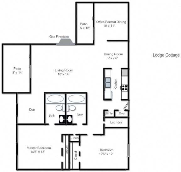 2  Bed   2  Bath   1,399 Sq. Ft. Cottage Floor Plan at The Lodge Apartments, Indianapolis, IN