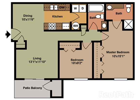 Two Bedroom Flat Floor Plan at Walnut Creek Apartments, Indiana, 46902