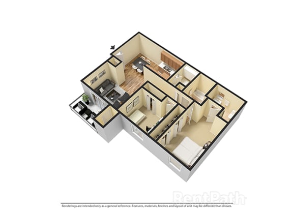 Two Bedroom 3D View Floor Plan at Walnut Creek Apartments, Indiana, 46902