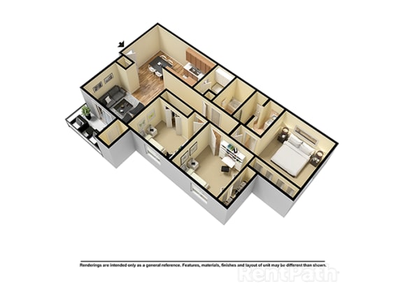 Floor Plan  Three Bedroom 3D View Floor Plan at Walnut Creek Apartments, Kokomo, IN