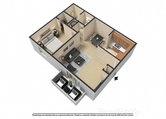 1 Bedroom 1 Bath 3D Floor Plan at Waterstone Place Apartments, Indianapolis, Indiana