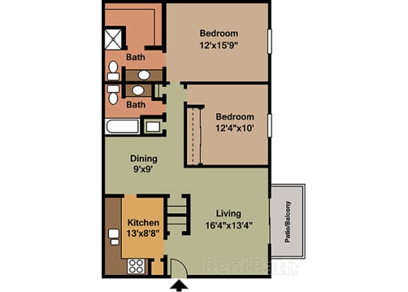 2 Bedroom 2 Bath Floor Plan at Waterstone Place Apartments, Indiana, 46229