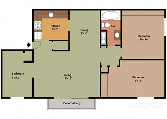 3 Bedroom 1 Bath 1,006 Sq. Ft. Floor Plan at Waterstone Place Apartments, Indianapolis, IN