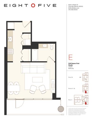 Studio1W Floor Plan at Eight O Five, Chicago, Illinois