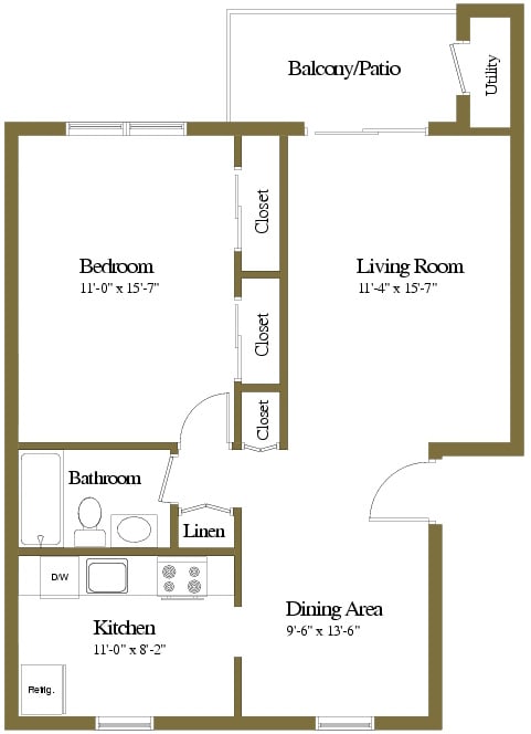 1 bedroom 1 bathroom style a floor plan at Liberty Gardens Apartments in Windsor Mill MD