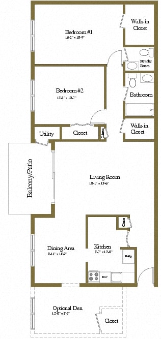 2 bedroom 1.5 bathroom with den floor plan at McDonogh Village Apartments in Randallstown MD