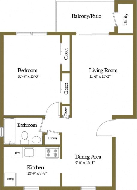 1 bedroom 1 bathroom style b floor plan at Rockdale Gardens Apartments in Windsor Mill, MD