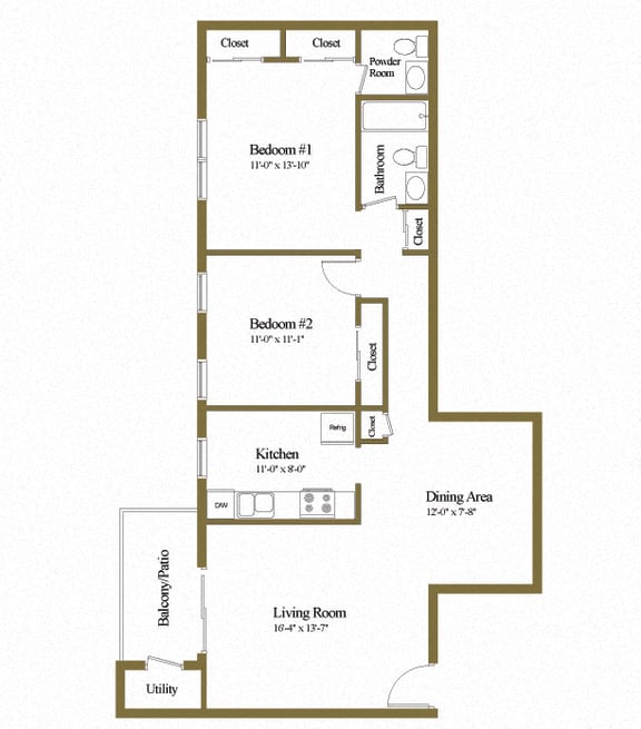 2 bedroom 1 bathroom floor plan at Rockdale Gardens Apartments in Windsor Mill, MD