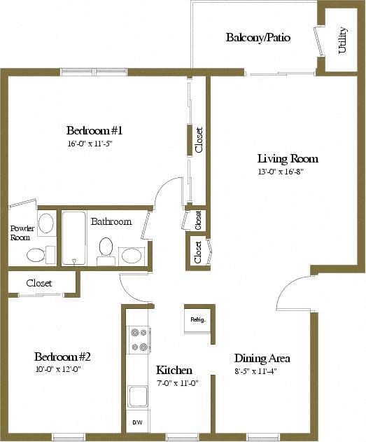 2 bedroom 1.5 bathroom floor plan at Rockdale Gardens Apartments in Windsor Mill, MD