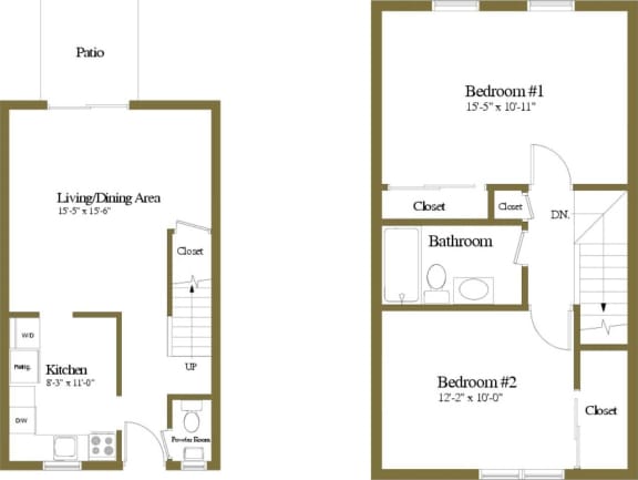 2 bedroom 1.5  bathroom Bradford floor plan at Seven Oaks Townhomes in Edgewood, MD