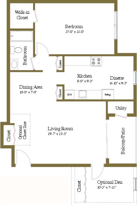 1 bedroom 1 bathroom with den floor plan at Woodridge Apartments in Randallstown, Maryland