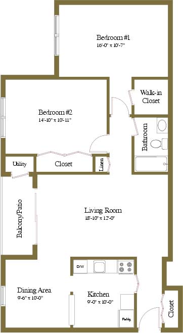 2 bedroom 1 bathroom floor plan at Woodridge Apartments in Randallstown, Maryland