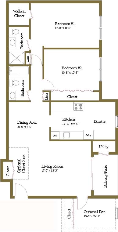 2 bedroom 2 bathroom floor plan at Woodridge Apartments in Randallstown, Maryland
