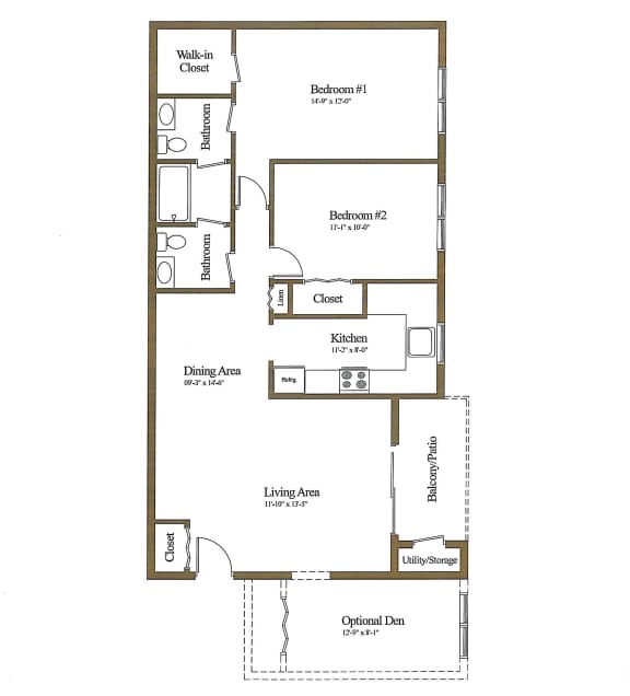 2 bedroom 1 bath with optional den a floor plan at Woodsdale Apartments in Maryland, 21009