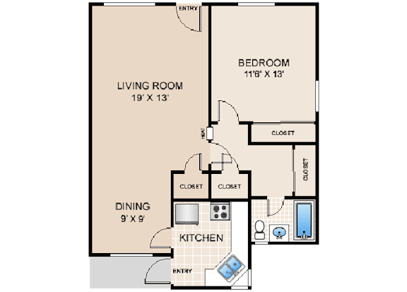 2 Bed Floor Plan at Gloria Homes Apartments, Los Angeles