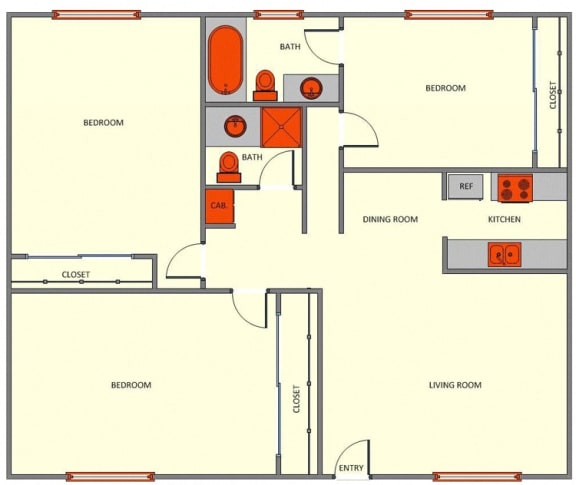 3 bedroom 2 bathroom 2D