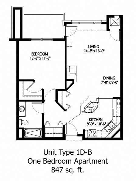 One bedroom floor plan at The Bluffs at Nine Mile Creek, Eden Prairie