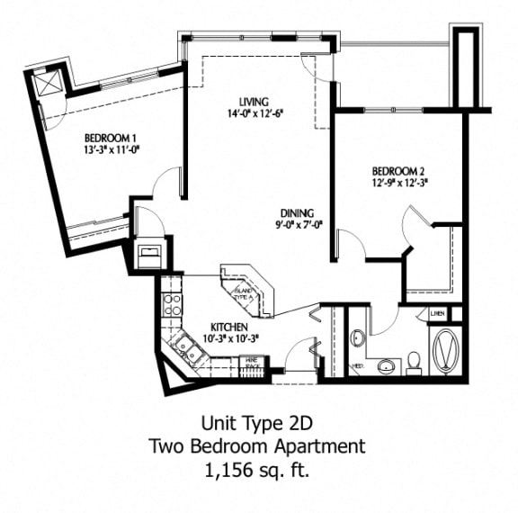 Two Bedroom floor plan at The Bluffs at Nine Mile Creek, Eden Prairie, MN, 55344