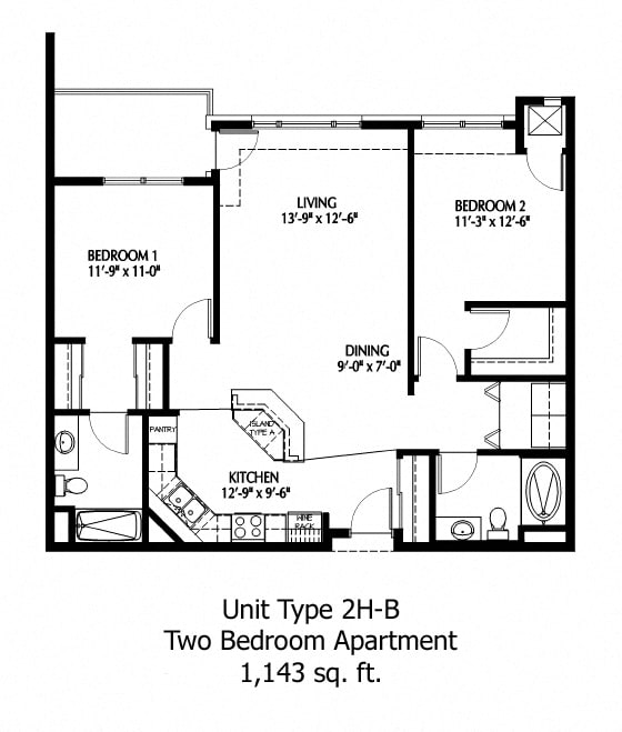 Two Bedroom floor plan at The Bluffs at Nine Mile Creek, Eden Prairie, Minnesota