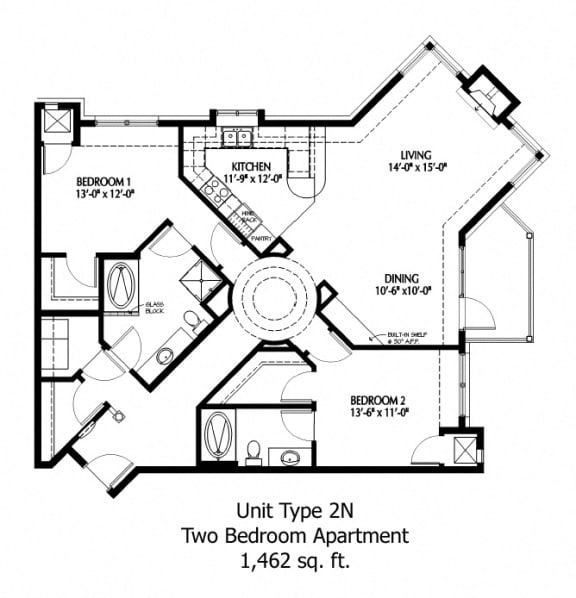 Two Bedroom floor plan at The Bluffs at Nine Mile Creek, Eden Prairie