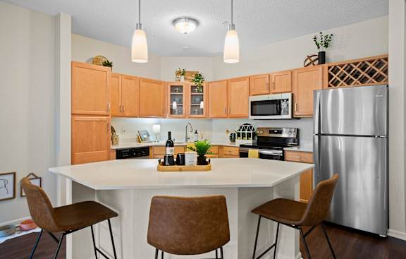 Staged Apartment Kitchen at The Bluffs at Nine Mile Creek, Eden Prairie, MN, 55344