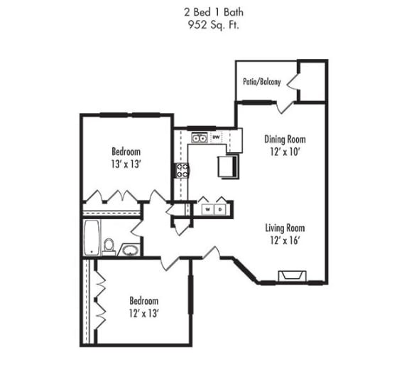 2 x 1 Floorplan at Canyon Villa Apartment Homes, Chula Vista, CA