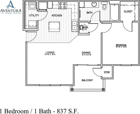 A1   1 Bedroom 1 Bath  837 sq ft  at Aventura at Towne Centre, Missouri, 63011