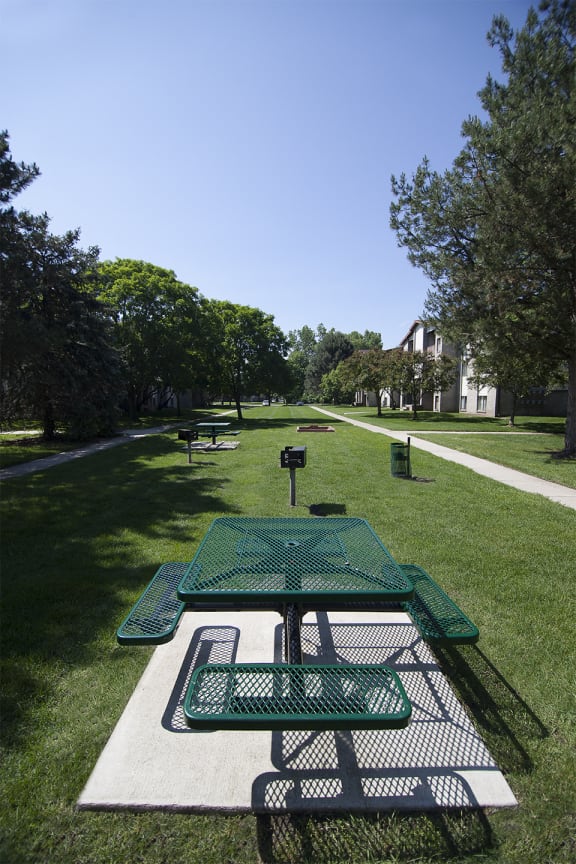 Outdoor courtyard picnic areas and charcoal grills at Woodland Villa Apartments in Westland