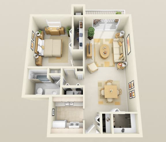 One Bedroom One Bath, 900 Sq. Ft Galley Floor Plan at Prentiss Pointe Apartments in Harrison Township, Michigan