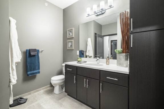 The Conrad-Traditional design scheme bathroom with dark cabinets and white countertops