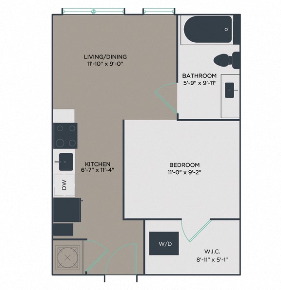 P2-A11 bedroom 1 bathroom Floor Plan at Link Apartments® Mixson, South Carolina, 29405